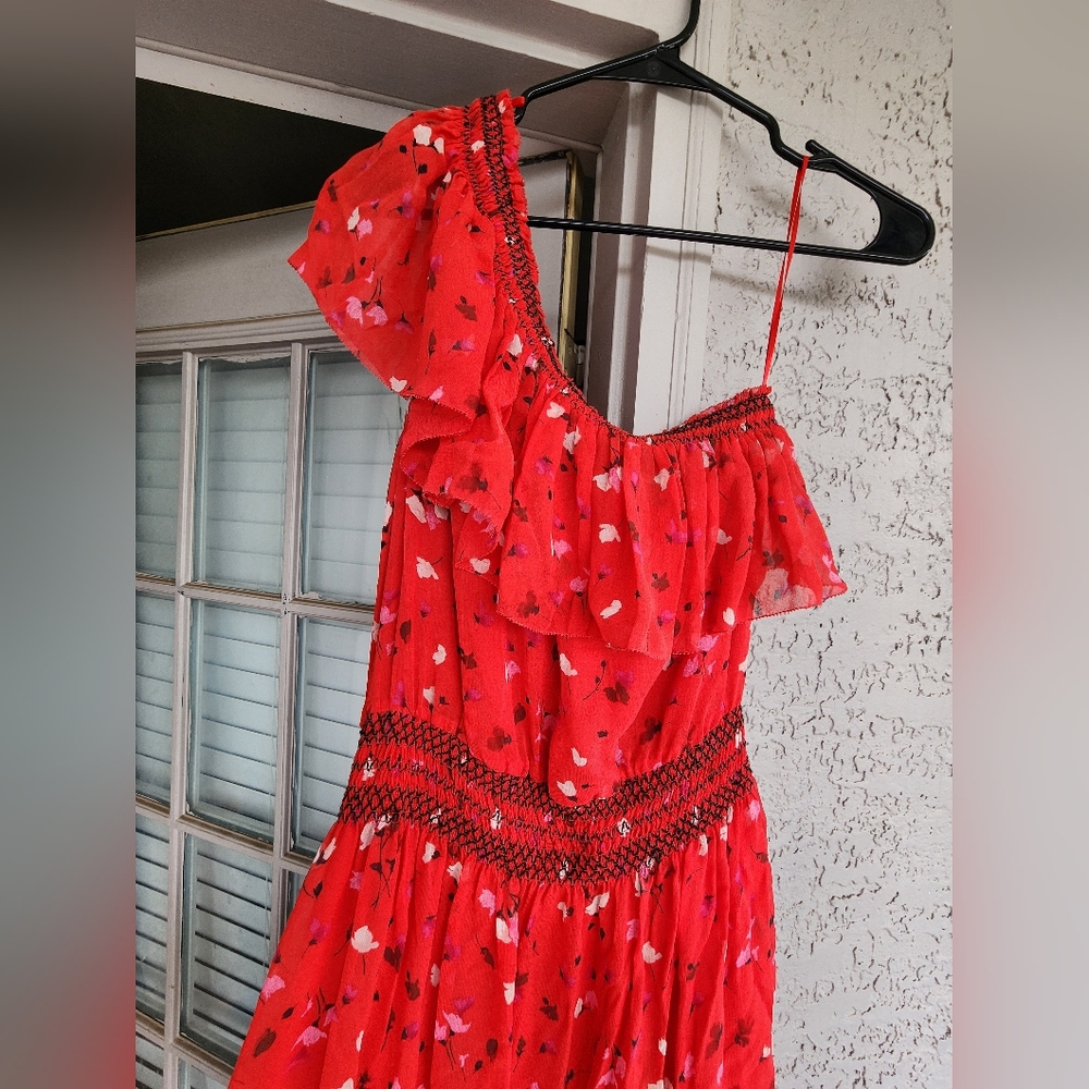 Joie Silk One-Shoulder Ruffle Red Floral Maxi Dress - Picture 7 of 14